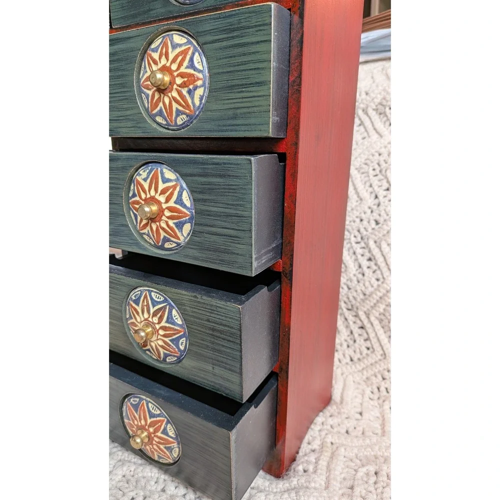 Vintage Pier 1 Tabletop Cabinet 5 Drawer Wood Mini Chest Red Green Hand Painted